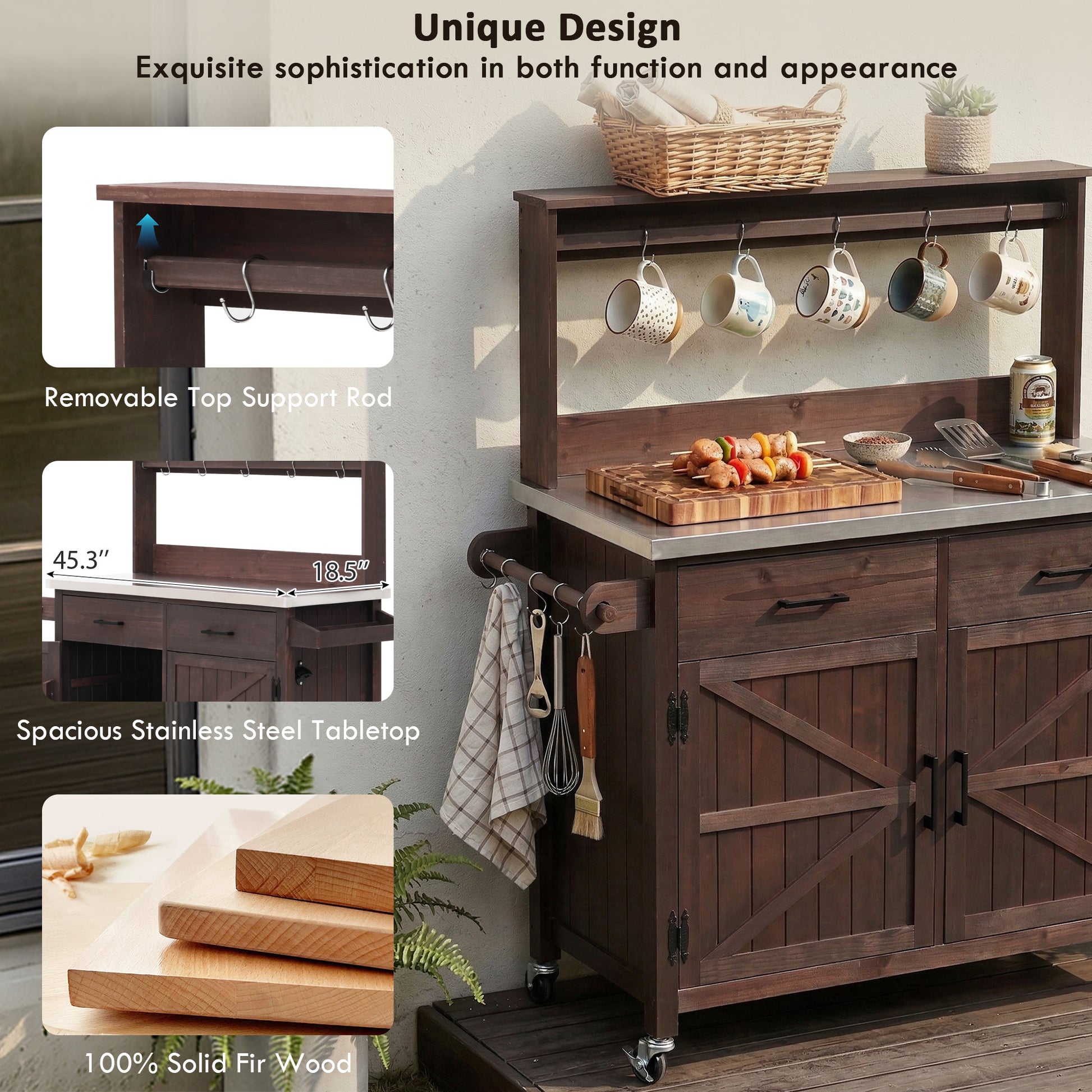 K&K 54.1  Outdoor Kitchen Island With High Shelf, Large Outdoor Potting Bench Table With Stainless Steel Top And Storage Cabinet, Solid Wood Grill Cart With Lockable Wheels For BBQ, Garden, Brown