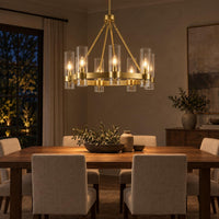 Teramo Gold Wagon Wheel Chandelier, 26 Inch round Dining Room Light, Clear