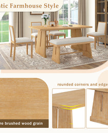 TREXM 6-Piece Rustic Farmhouse Dining Table Set With Wire Brushed Design, Rectangular Dining Table With Trapezoid Legs, 4 Upholstered Linen Chairs & 1 Padded Bench For Dining Room & Kitchen Natural