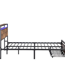 Queen Size Bed Frame With Storage Headboard And 2 Drawers, LED Lights Bed With Charging Station