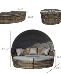 4-Piece Round Convertible Daybed with Cushions, Outdoor PE Rattan Patio Wicker Sofa Set, Sunbed with Adjustable Sun Canopy, Sectional Sofa, 2 Chairs, Table, 3 Pillows, Gray