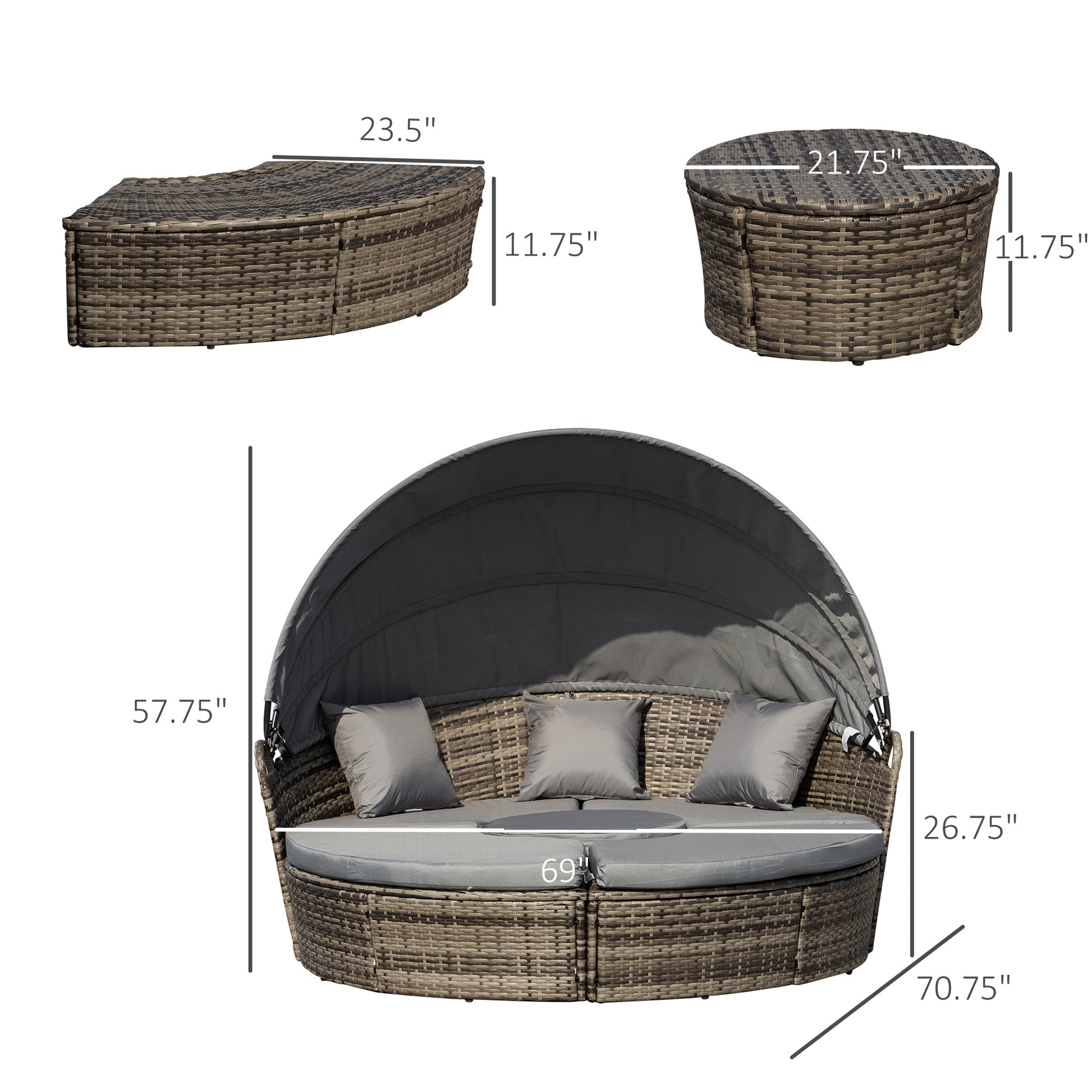 4-Piece Round Convertible Daybed with Cushions, Outdoor PE Rattan Patio Wicker Sofa Set, Sunbed with Adjustable Sun Canopy, Sectional Sofa, 2 Chairs, Table, 3 Pillows, Gray