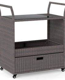 Handwoven PE Rattan Outdoor Bar Cart With Tempered Glass Top & Drawer, 4 Wheels With Brakes Serving Cart For Patio