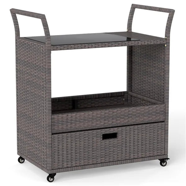 Handwoven PE Rattan Outdoor Bar Cart With Tempered Glass Top & Drawer, 4 Wheels With Brakes Serving Cart For Patio