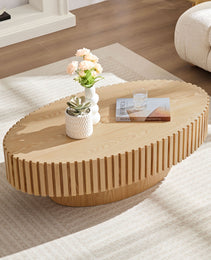 Modern Handcraft Drum Coffee Table Length 43.7 Inch Ellipse Coffee Table For Living Room,Oval Small Coffee Table With Sturdy Pedestal,Natural Ash MDF