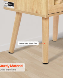 Rattan Nightstand, Boho Bedside Table With Drawer Open Shelf, Rattan End Table Wooden Nightstand With Solid Wood Legs, Rattan Side Table With Charging Station, For Bedroom, Study & Living Room