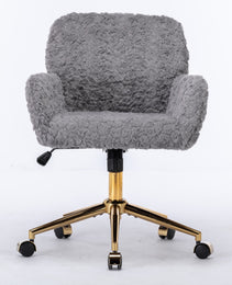 AA Furniture Office Chair,Artificial Rabbit Hair Home Office Chair With Golden Metal Base,Adjustable Desk Chair Swivel Office Chair,Vanity Chair  Gray