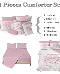 Cherry Blossom Pattern Comforter Set 8PCS Twin Size Soft Bedding Set,1 Comforter,1 Pilow Cover,1 Flat Sheet,1 Fitted Sheet,4 Cushion Cover