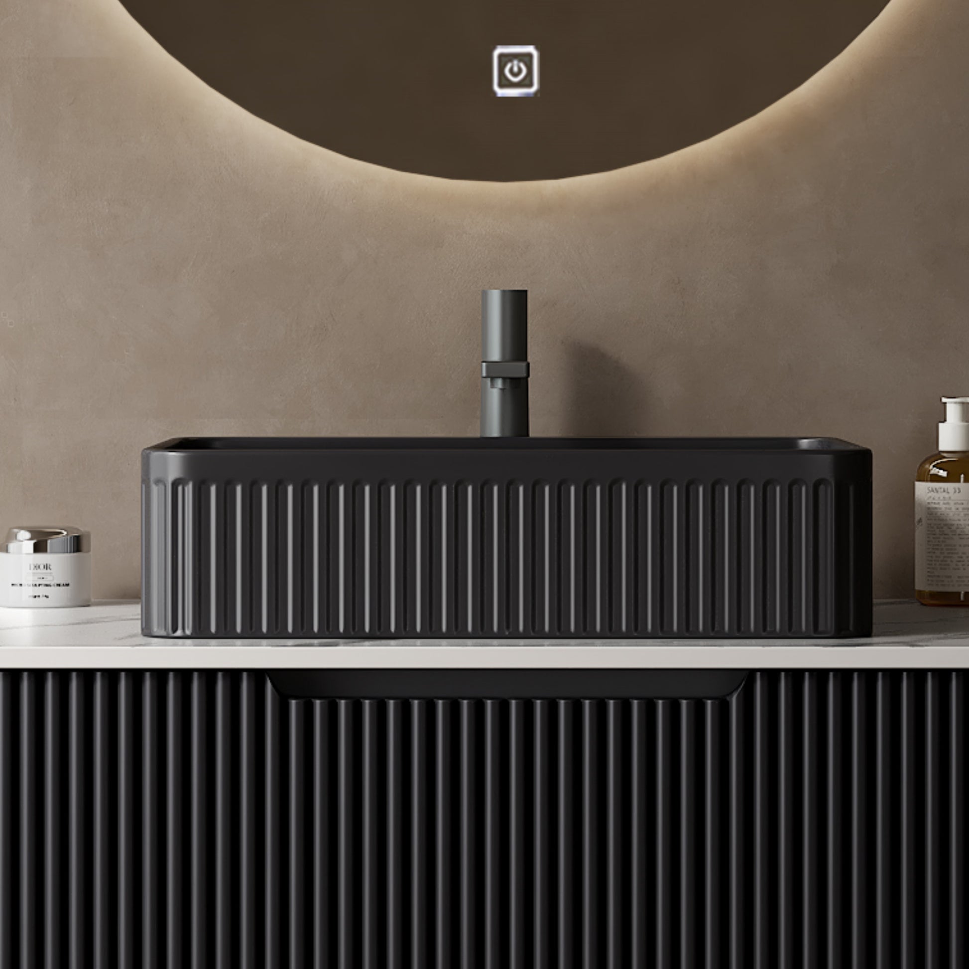 20 Bathroom Sink, Rectangular Striped Vessel Ceramic Basin Without Faucet, NO Cabinet, Black