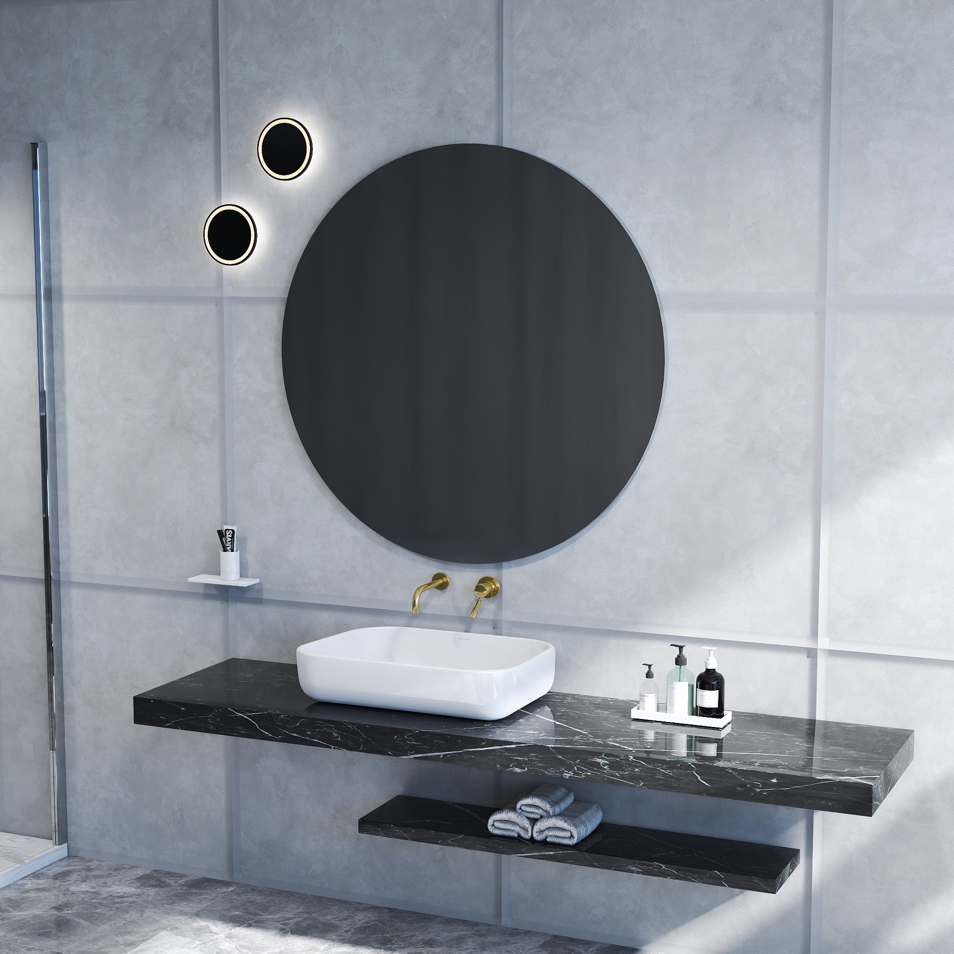 70cm Bathroom Mirror, Round Mirror, Matte White Backboard