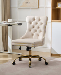 A&A Furniture Office Chair,Modern Velvet Upholstered Tufted Button Home Office Chair With Golden Metal Base,Adjustable Desk Chair Swivel Office Chair Beige