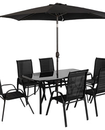 8 Pieces Patio Furniture Set with 9Ft Patio Umbrella, Outdoor Dining Table and Chairs, Black