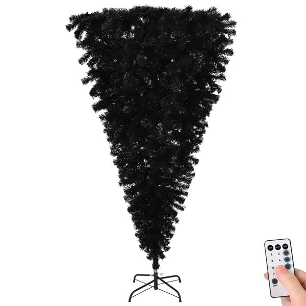 6 FT Pre-lit Upside Down Artificial Christmas Tree, Black Halloween Tree With 250 Purple Lights And Pumpkin & Skull Ornaments - CJDS - FC