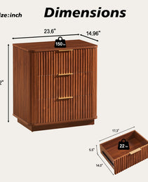 3 Drawers Nightstand Set Of 2, 23.6  Wide Modern Chest Of Drawers Curved Wave Design, Nightstand, Wood Drawer Organizer For Bedroom, Living Room, Hallway, Walnut,23.6 W X 15 D X 25.2 H.