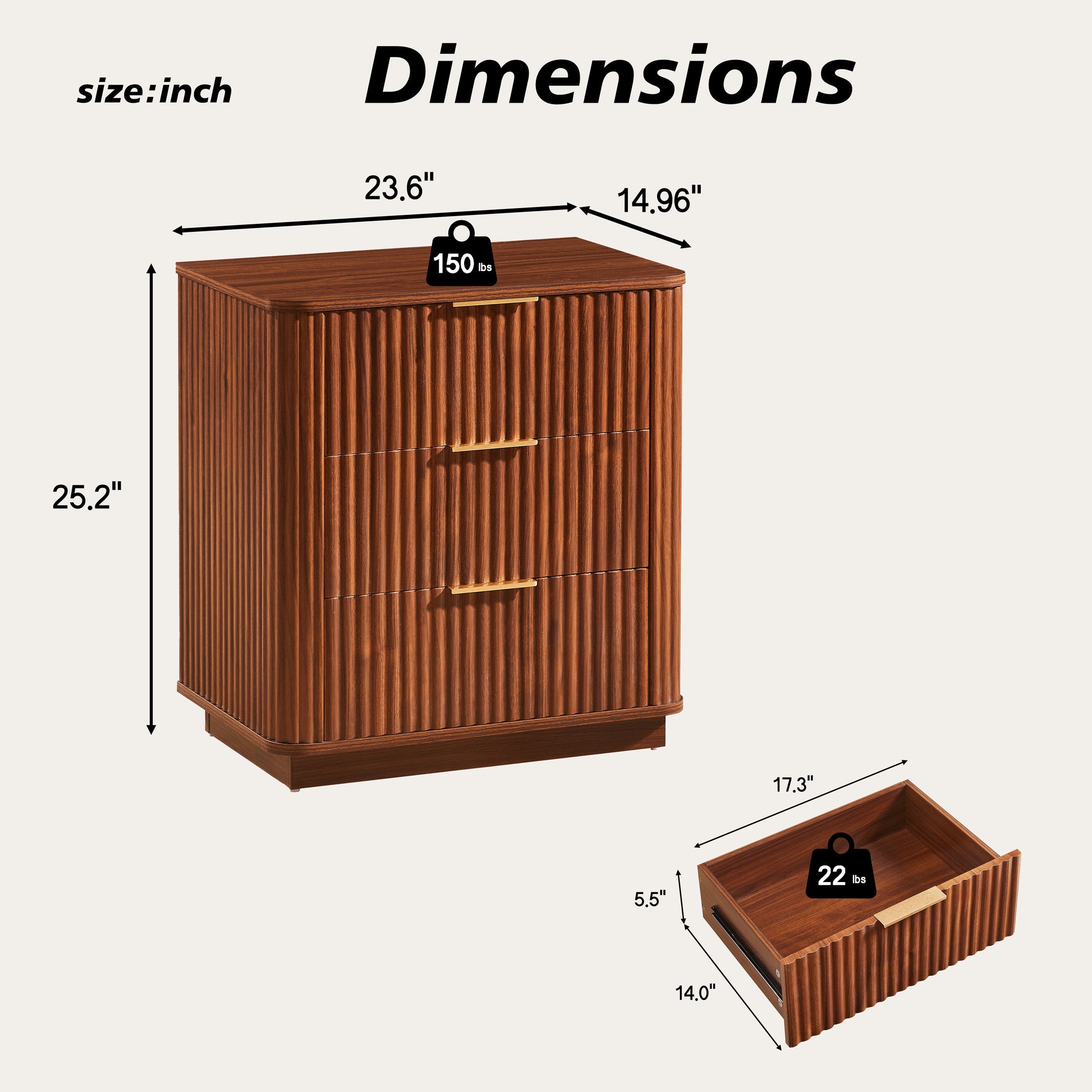 3 Drawers Nightstand Set Of 2, 23.6  Wide Modern Chest Of Drawers Curved Wave Design, Nightstand, Wood Drawer Organizer For Bedroom, Living Room, Hallway, Walnut,23.6 W X 15 D X 25.2 H.