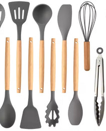 Non-Stick Silicon 12 Pcs Heat Resistant Wooden Handle Kitchen Cooking Utensils Set, Gray Color