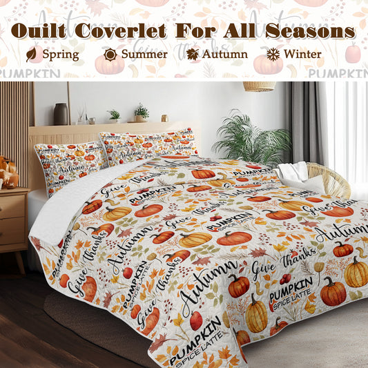 3pcs Pumpkin Autumn Leaves Design Quilt Set All Seasons Bedding Quilt Bed Set With 2 Pillowcases For Kids Teens Adults Bedroom