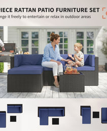 3 Piece Patio Furniture Set, Wicker Outdoor Patio Conversation Furniture Set with Cushions, Glass Top Table, Navy Blue
