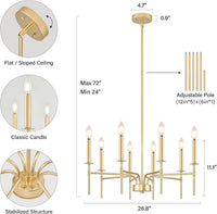 Modern Farmhouse Gold Chandeliers for Dining Room Light Fixture, 8-Light Metal Candle Chandeliers Lighting for Living Room Staircase Foyer Entryway Bedroom