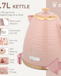 Rose Quartz Collection: 3000W Rapid-Boil Kettle & 4-Slice Ridged Toaster Set