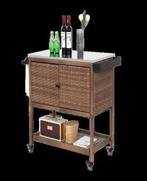 Outdoor Wicker Bar Cart, Patio Wine Serving Cart, Rolling Rattan Beverage Bar Counter Table