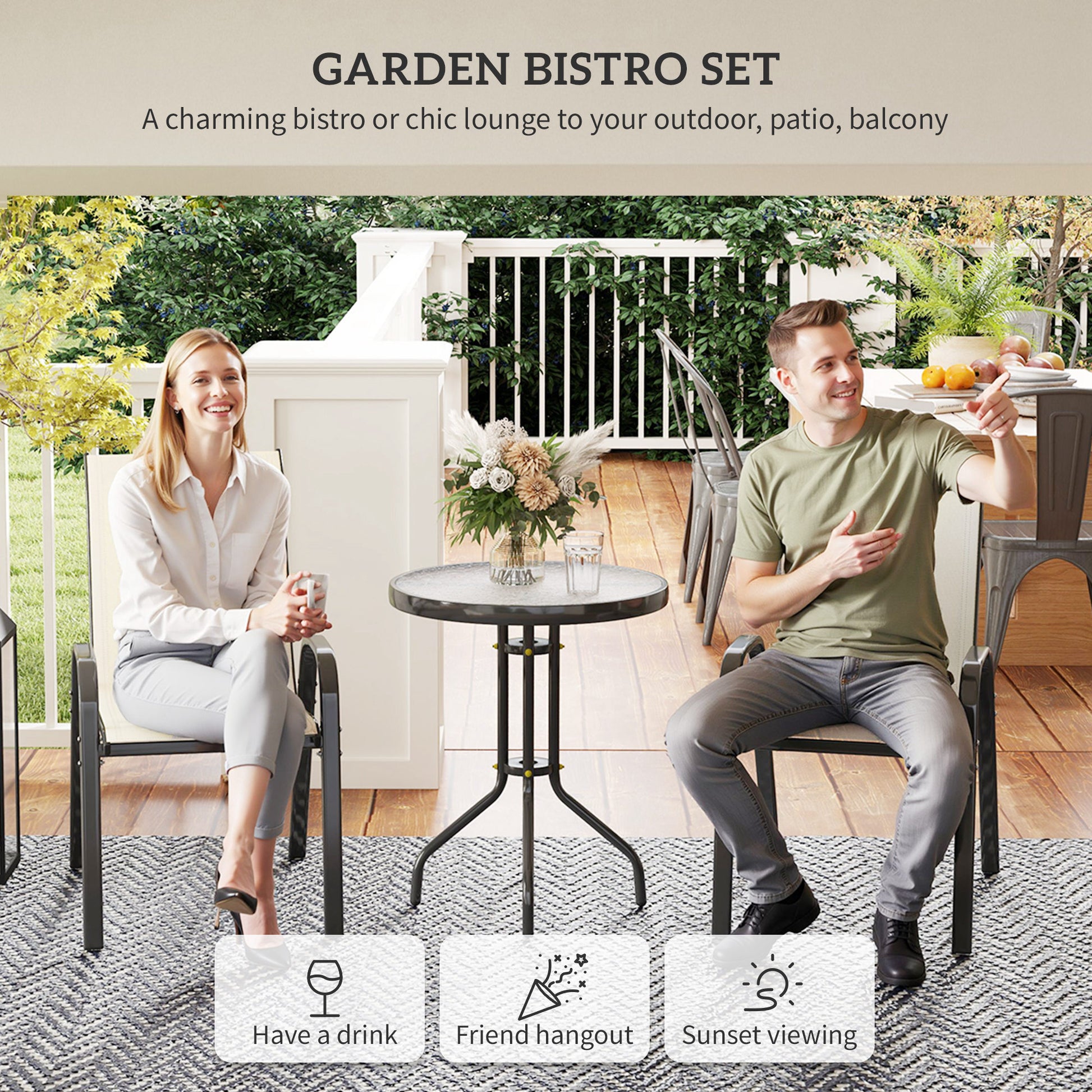 3 Pieces Bistro Set, Small Patio Furniture Set with Stackable Chairs and Glass Table for Backyard, Balcony, Beige