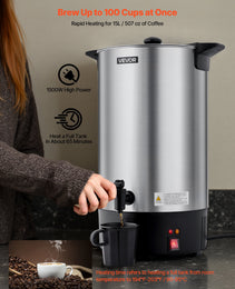 Commercial Coffee Urn, 100 Cup 15 L Hot Beverage Dispenser With Dripless Faucet, Quick-Brewing Stainless Steel Large Commercial Coffee Maker, For Catering, Business, Party, Church & Restaurant