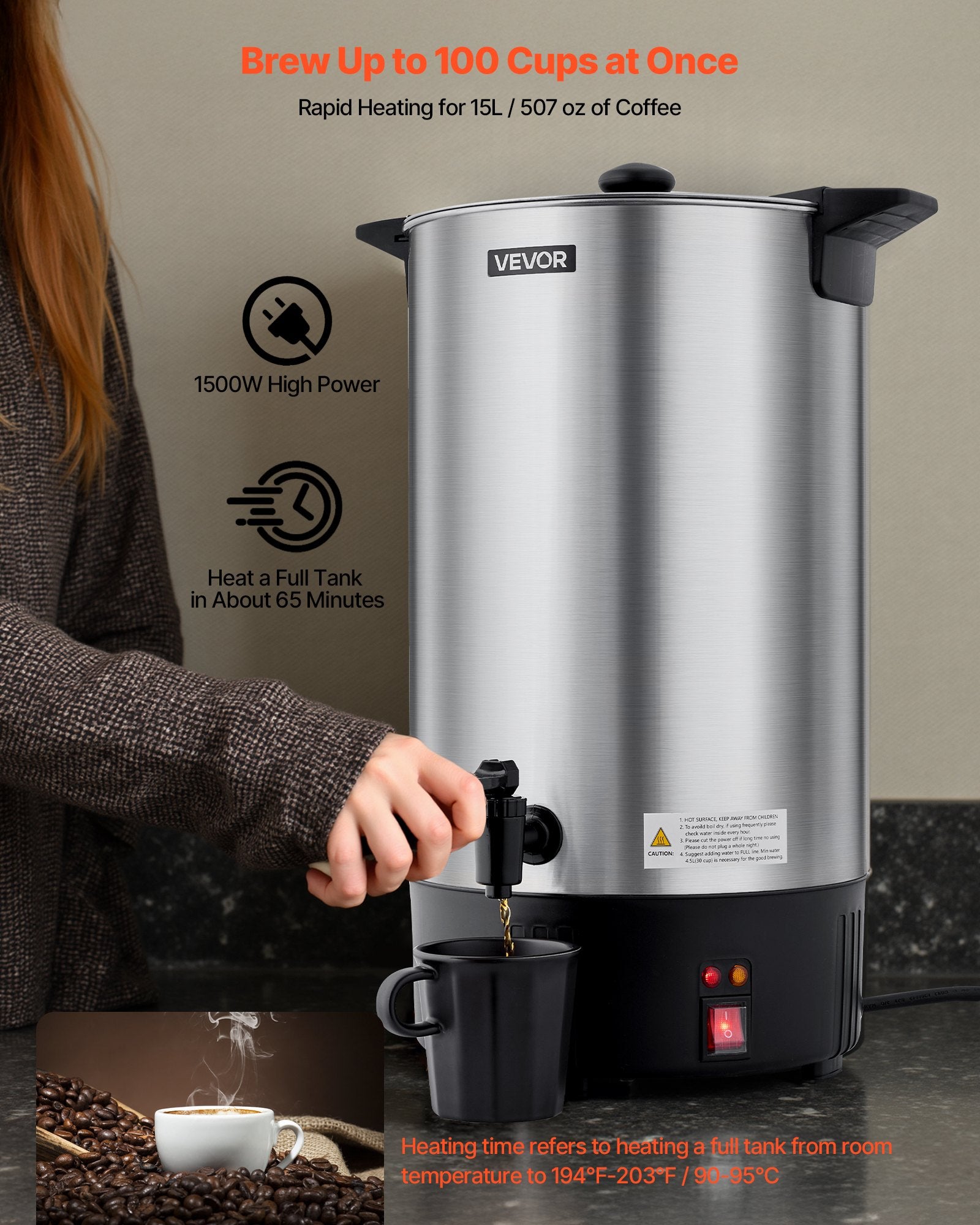 Commercial Coffee Urn, 100 Cup 15 L Hot Beverage Dispenser With Dripless Faucet, Quick-Brewing Stainless Steel Large Commercial Coffee Maker, For Catering, Business, Party, Church & Restaurant