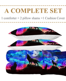 Galaxy Comforter Set Men 3D Wolf Bed Comforter Set 4 Piece Wolves Howling Bedding For Boys Retro Oil Painting Design Purple Blue And Black Bedding Set Queen King Size