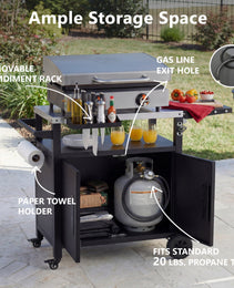 K&K Outdoor Grill Cart With Storage Cabinet, Outdoor Metal Kitchen Island With Foldable Table, Pizza Oven Table With Wheels & Stainless Steel Top & Hooks & Spice Rack For BBQ,Waterproof Cover Included