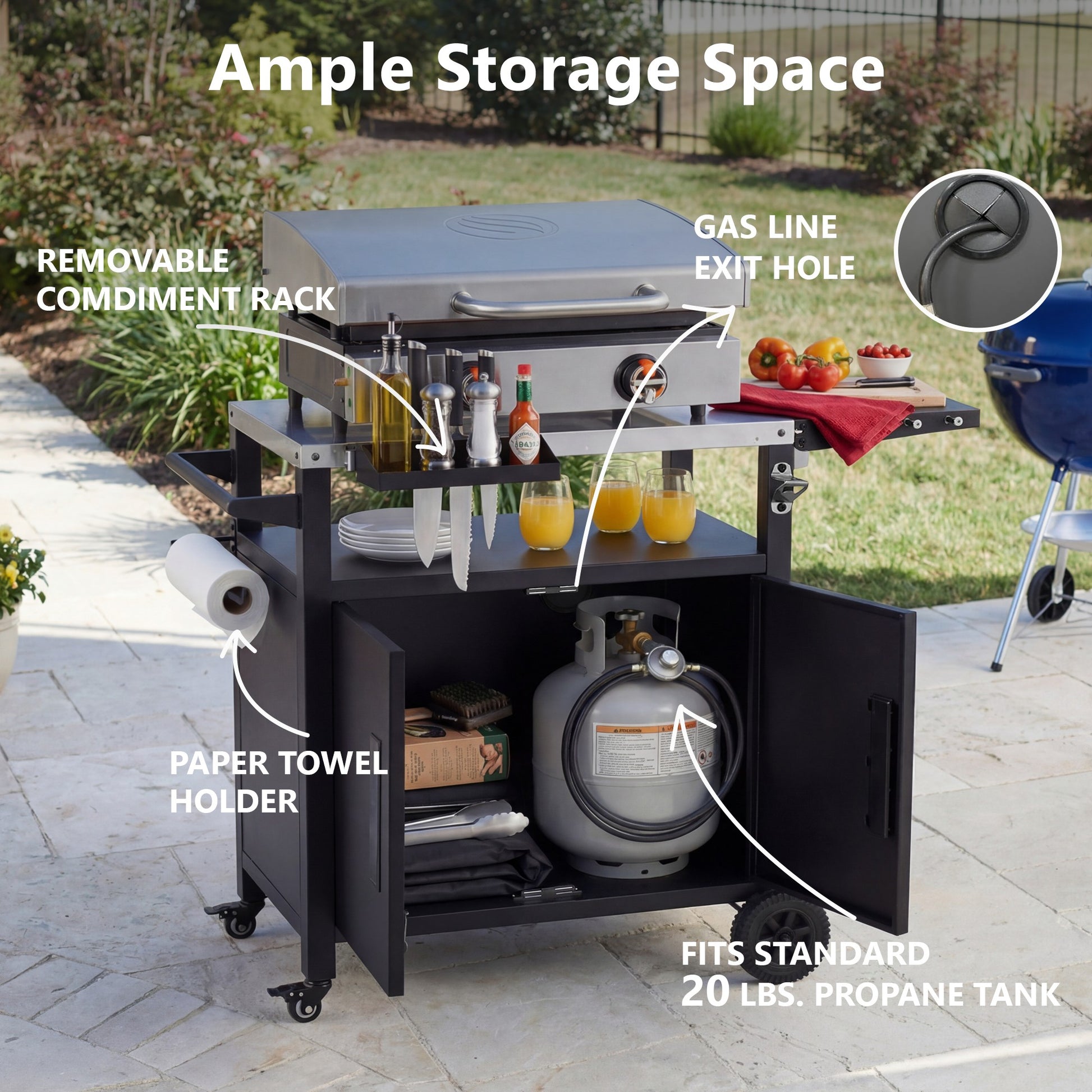 K&K Outdoor Grill Cart With Storage Cabinet, Outdoor Metal Kitchen Island With Foldable Table, Pizza Oven Table With Wheels & Stainless Steel Top & Hooks & Spice Rack For BBQ,Waterproof Cover Included
