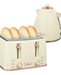 Beige Honeycomb Breakfast Set: 1.7L Rapid-Boil Kettle & 4-Slice Toaster – Designer Matching Duo