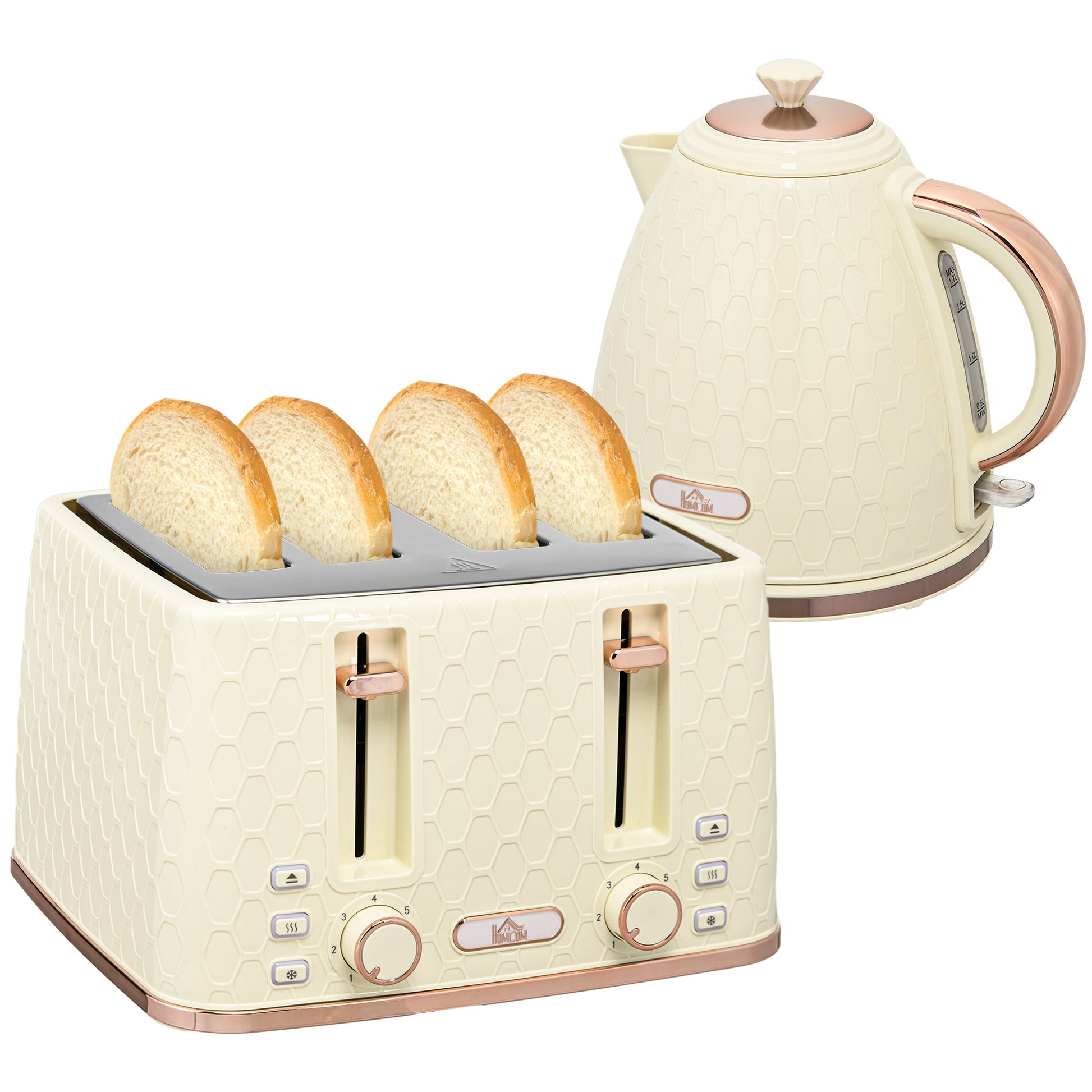 Beige Honeycomb Breakfast Set: 1.7L Rapid-Boil Kettle & 4-Slice Toaster – Designer Matching Duo