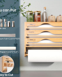 Bamboo Plastic Wrap Cutter With Paper Towel Holder Kitchen Wall-mounted Tinfoil Cutter With Three-grid Cutter And Paper Towel Storage Rack