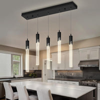 5-Lights Rectangular Pendant Lights for Kitchen Island Black Linear Crystal Chandelier Modern Chandeliers for Kitchen Island Dining Room