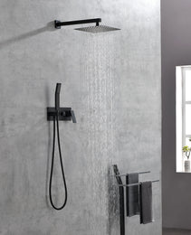 Brass Matte Black Shower Faucet With Shower System, 10 Inch Shower Head And Handheld Spray Bathroom Deluxe Faucet Combination