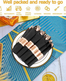 50 Pack Pre Rolled Rose Gold Plastic Silverware Set,Wrapped Plastic Cutlery Set With Napkin Include 50 Forks,50 Spoons,50 Knives And 50 Black Napkins For Party, Wedding