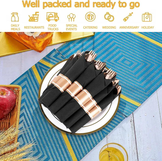 50 Pack Pre Rolled Rose Gold Plastic Silverware Set,Wrapped Plastic Cutlery Set With Napkin Include 50 Forks,50 Spoons,50 Knives And 50 Black Napkins For Party, Wedding