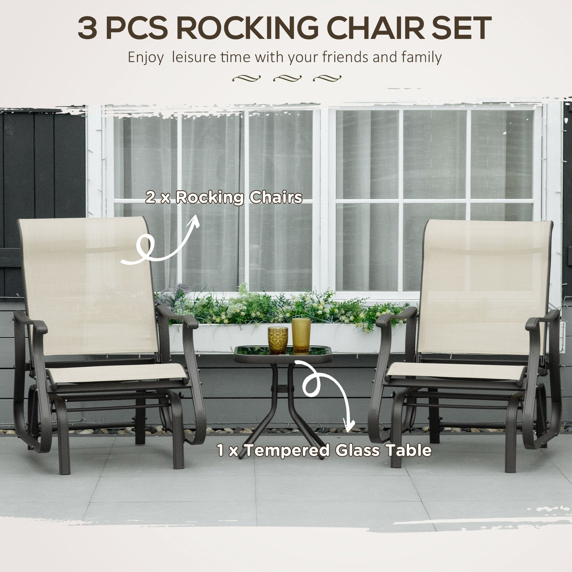 3-Piece Outdoor Gliders Set Bistro Set With Steel Frame, Tempered Glass Top Table For Patio, Garden, Backyard, Lawn, Beige