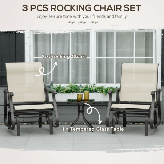 3-Piece Outdoor Gliders Set Bistro Set With Steel Frame, Tempered Glass Top Table For Patio, Garden, Backyard, Lawn, Beige