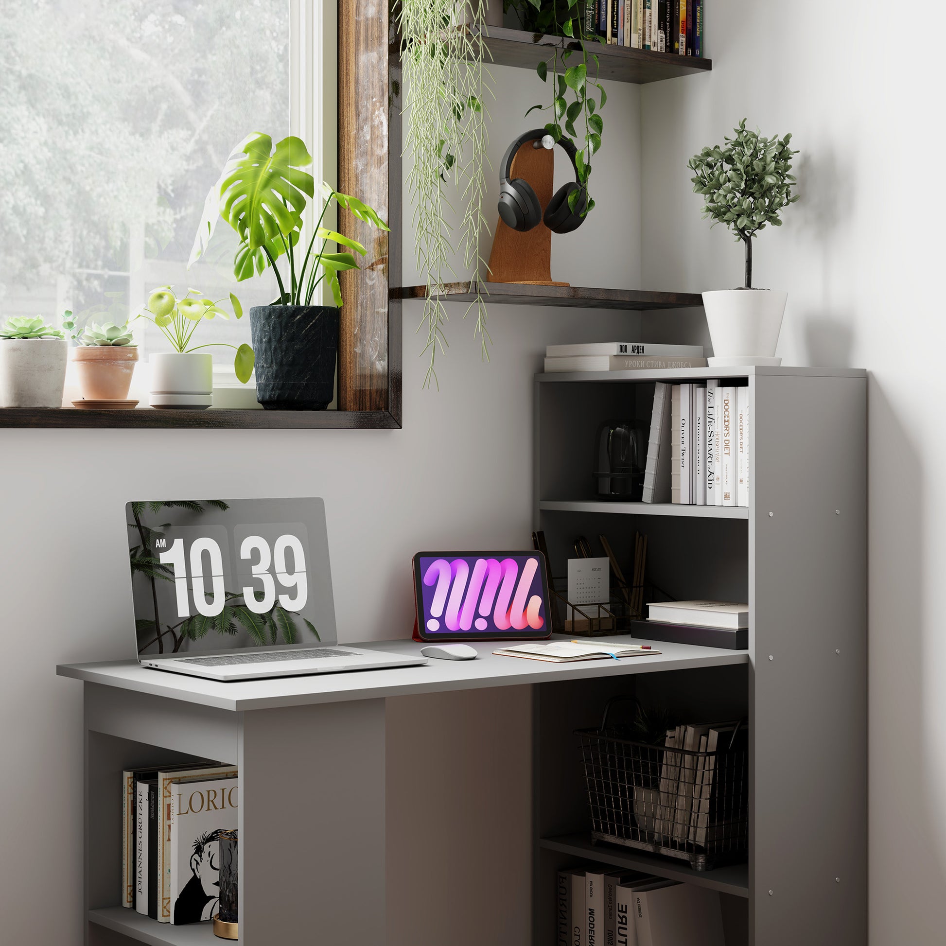 Compact Computer Desk with 6-Tier Storage Shelves, Writing Table Workstation with Bookshelf for Home Office, Gray