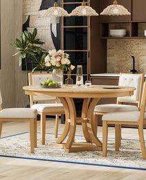TREXM 5-Piece Retro Functional Dining Table Set Extendable Round Table And 4 Upholstered Chairs For Dining Room And Living Room  Natural