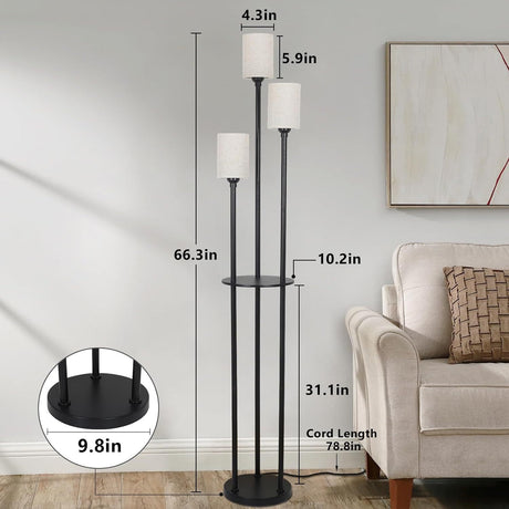 Floor Lamp With Shelf, Floor Lamp For Modern Living Room, 3 Light Standing Lamp With Linen Shade And Foot Switch Unavailable Platforms- CJDS