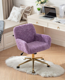 A&A Furniture Office Chair,Artificial Rabbit Hair Home Office Chair With Golden Metal Base,Adjustable Desk Chair Swivel Office Chair,Vanity Chair Violet