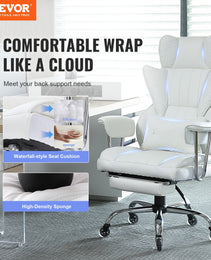 Reclining Office Chair With Footrest, Heavy Duty PU Leather Wide Office Chair, Big And Tall Executive Office Chairs With Lumbar Support, Strong Metal Base Quiet Wheels, White