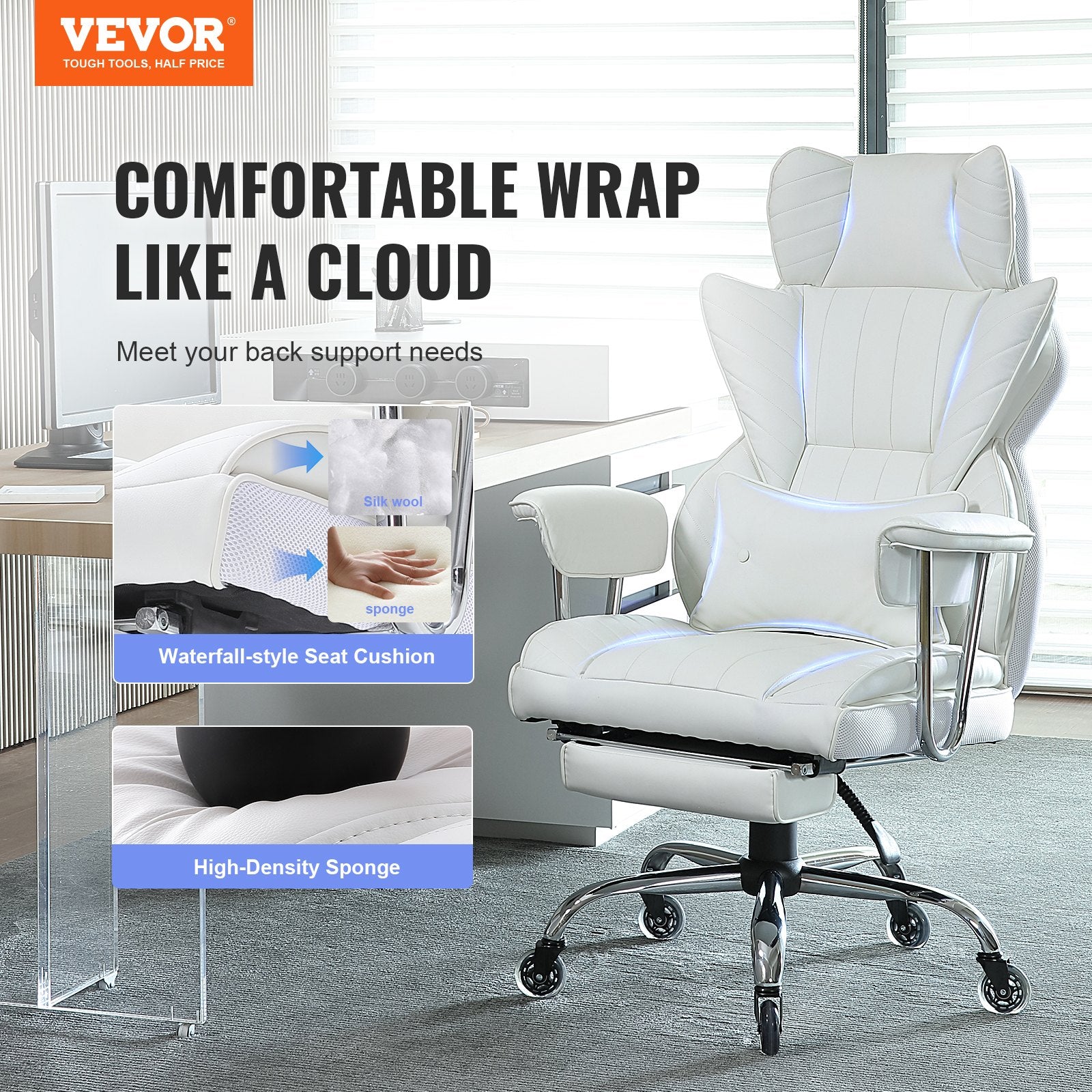 Reclining Office Chair With Footrest, Heavy Duty PU Leather Wide Office Chair, Big And Tall Executive Office Chairs With Lumbar Support, Strong Metal Base Quiet Wheels, White