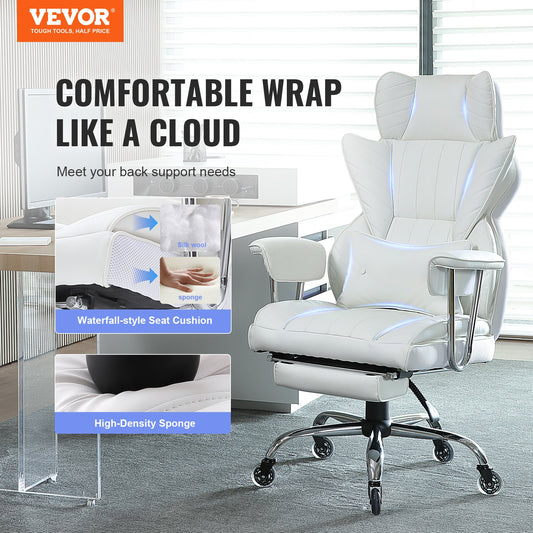 Reclining Office Chair With Footrest, Heavy Duty PU Leather Wide Office Chair, Big And Tall Executive Office Chairs With Lumbar Support, Strong Metal Base Quiet Wheels, White