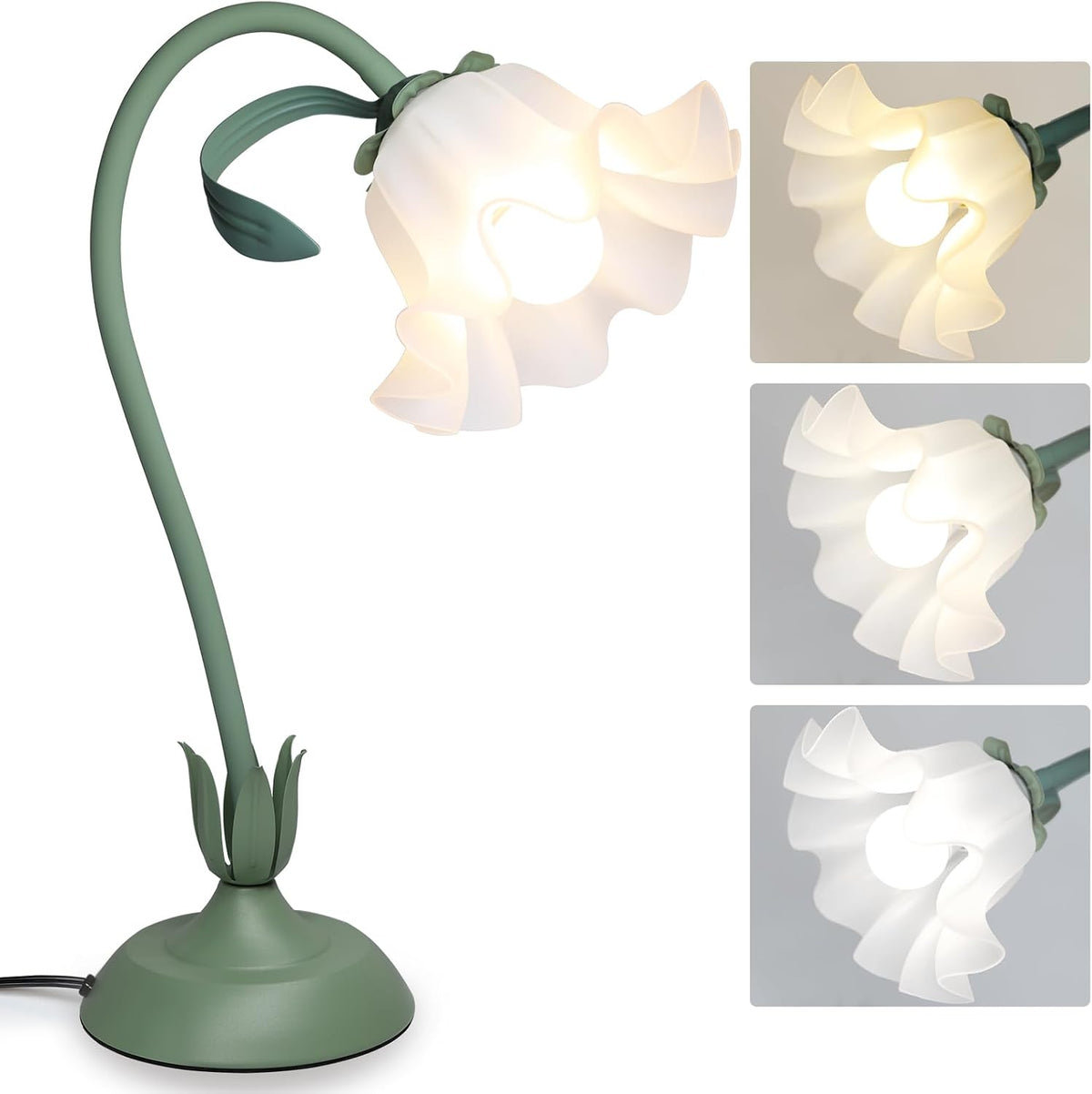 Newaonasen Flower Table Lamp Cute Lily Desk Lamp Bedside Night Light -Green