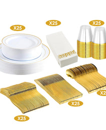 Set Of 175Pcs Disposable Gold Dinnerware Set Gold Rim Plastic Plates Cups Fork Spoon Knife Paper Napkins For Party Wedding Graduation