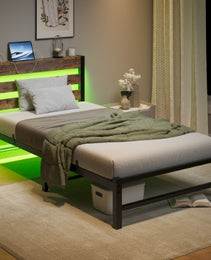 Twin Size Bed Frame Heavy Duty Platform Bed Frame With Headboard, USB Charging Station, LED Bed, No Box Spring Needed, Mattress Foundation, Strong Steel Slats, Noise Free, Brown